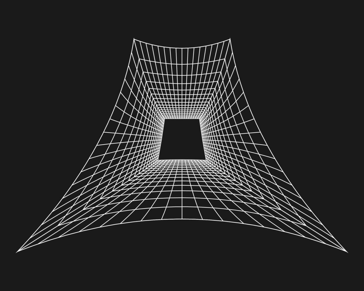 Cyber grid, retro punk perspective rectangular tunnel. Grid tunnel geometry on black background. Vector illustration.
