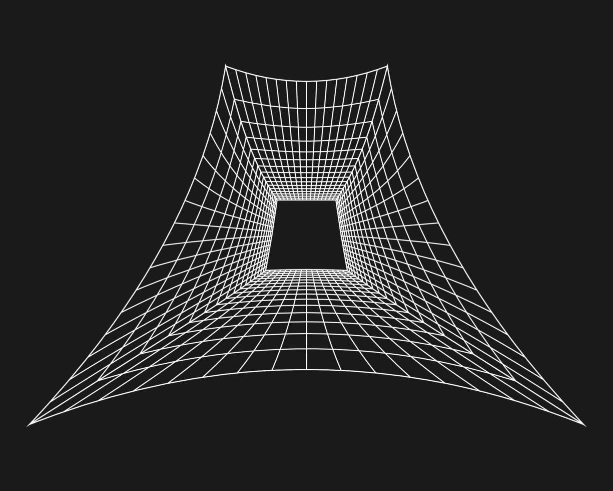 Cyber grid, retro punk perspective rectangular tunnel. Grid tunnel geometry on black background. Vector illustration.