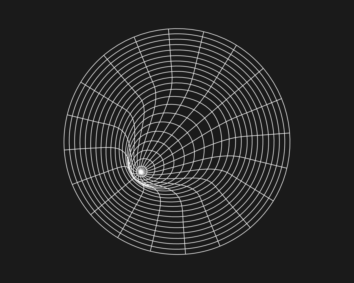 Cyber distorted round grid, retro punk design element. Wireframe wave geometry grid on black background. Vector illustration.