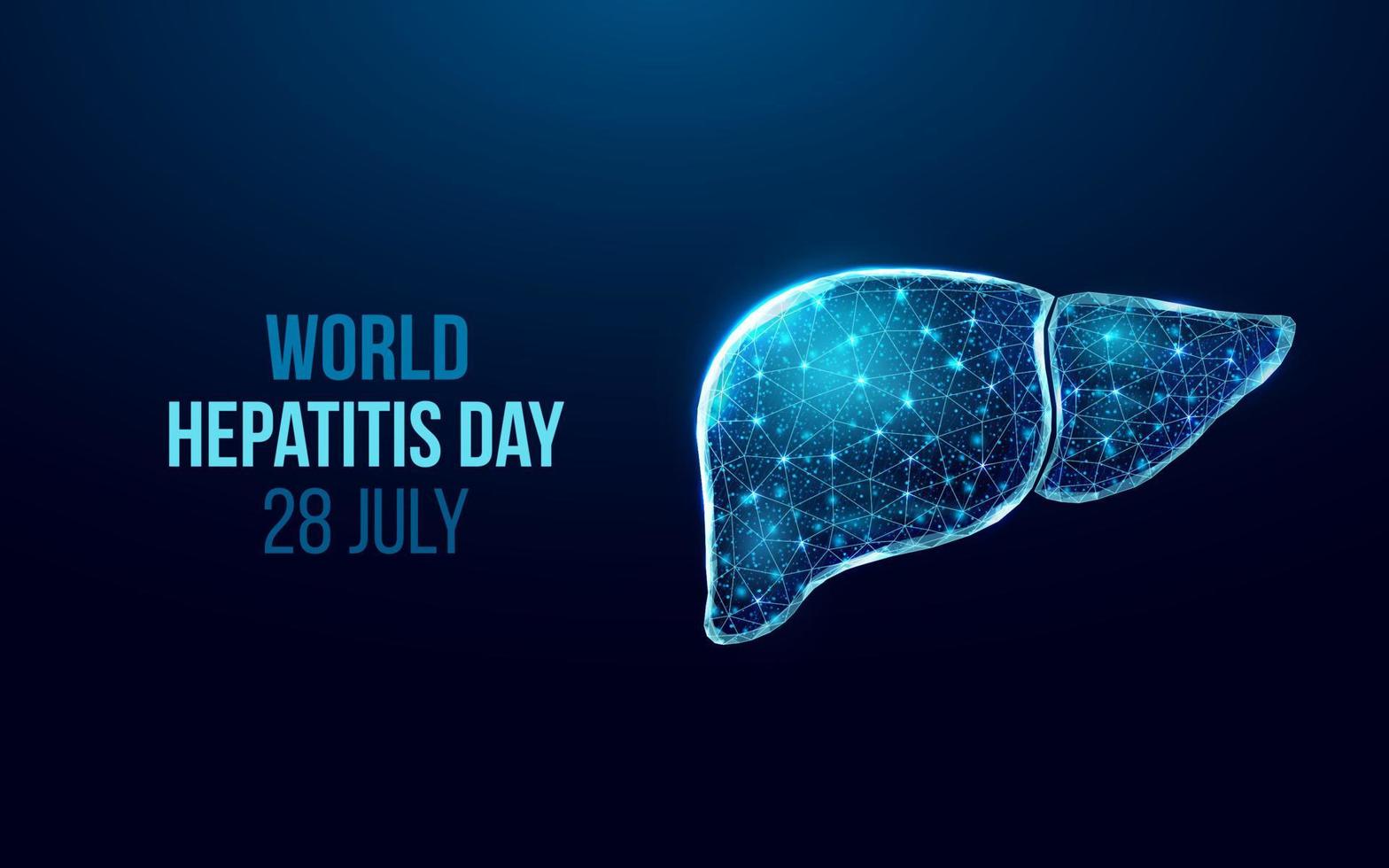 Liver wireframe. World hepatitis day concept. Banner template with glowing low poly liver. Futuristic modern abstract. Isolated on dark background. Vector illustration.