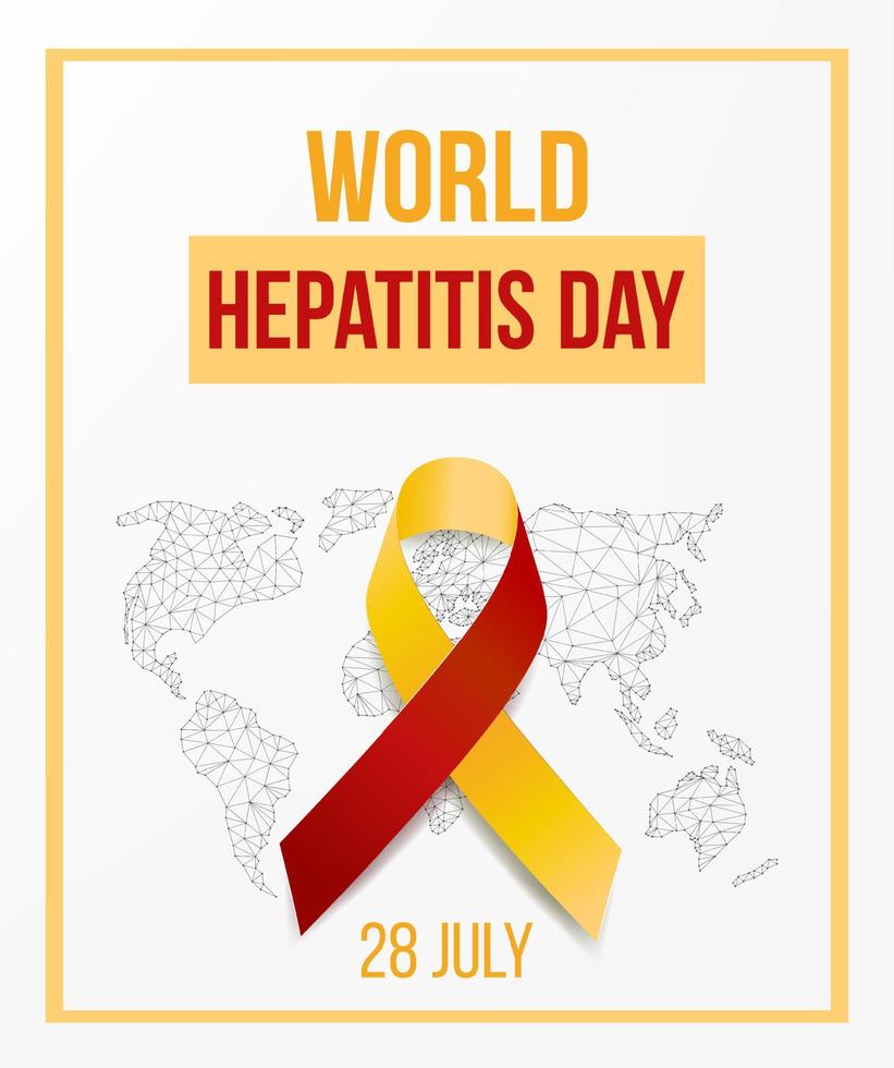 World hepatitis day concept. Banner template with red and yellow ribbon awareness, text and world map.  Vector illustration.