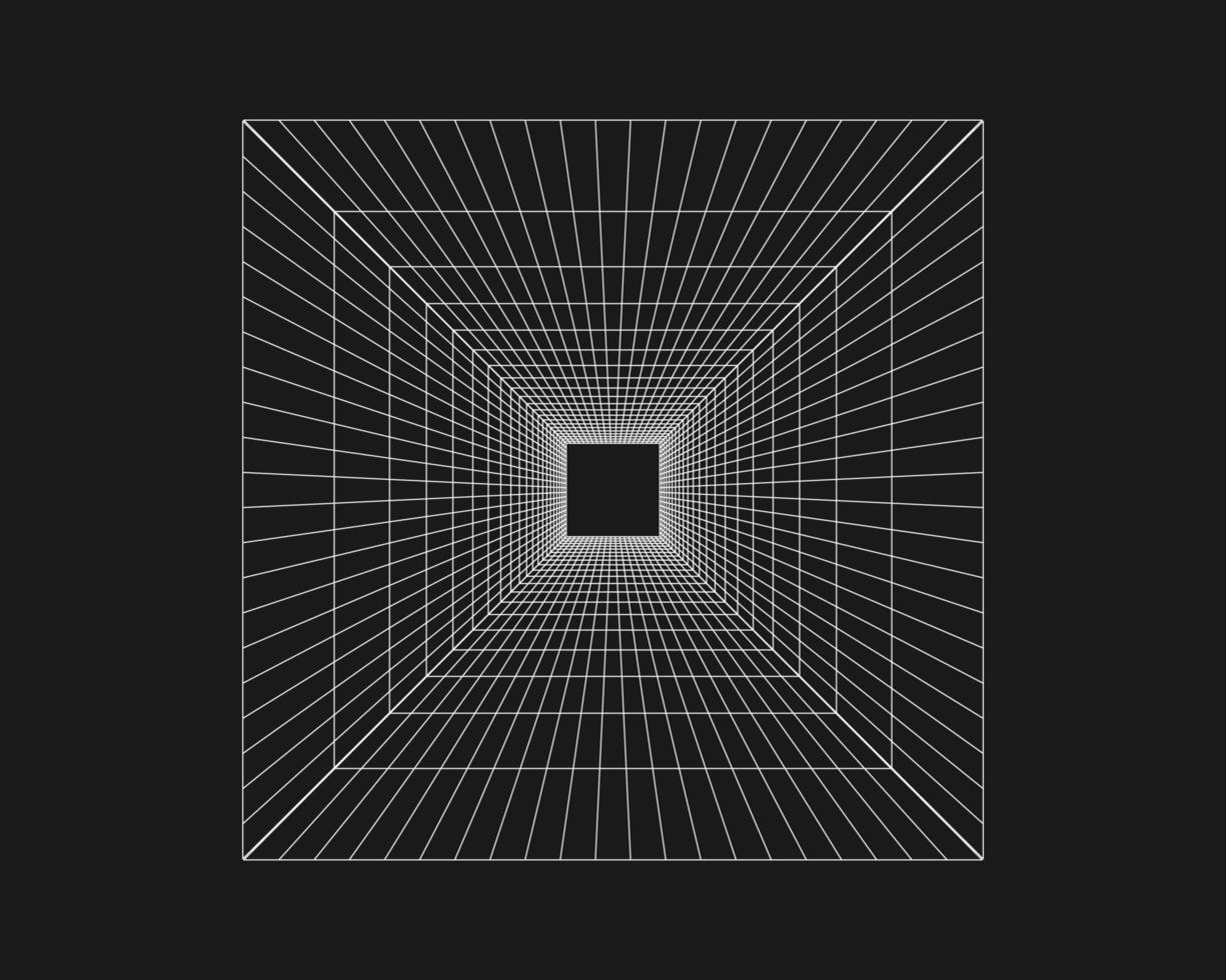 Cyber grid, retro punk perspective rectangular tunnel. Grid tunnel geometry on black background. Vector illustration.