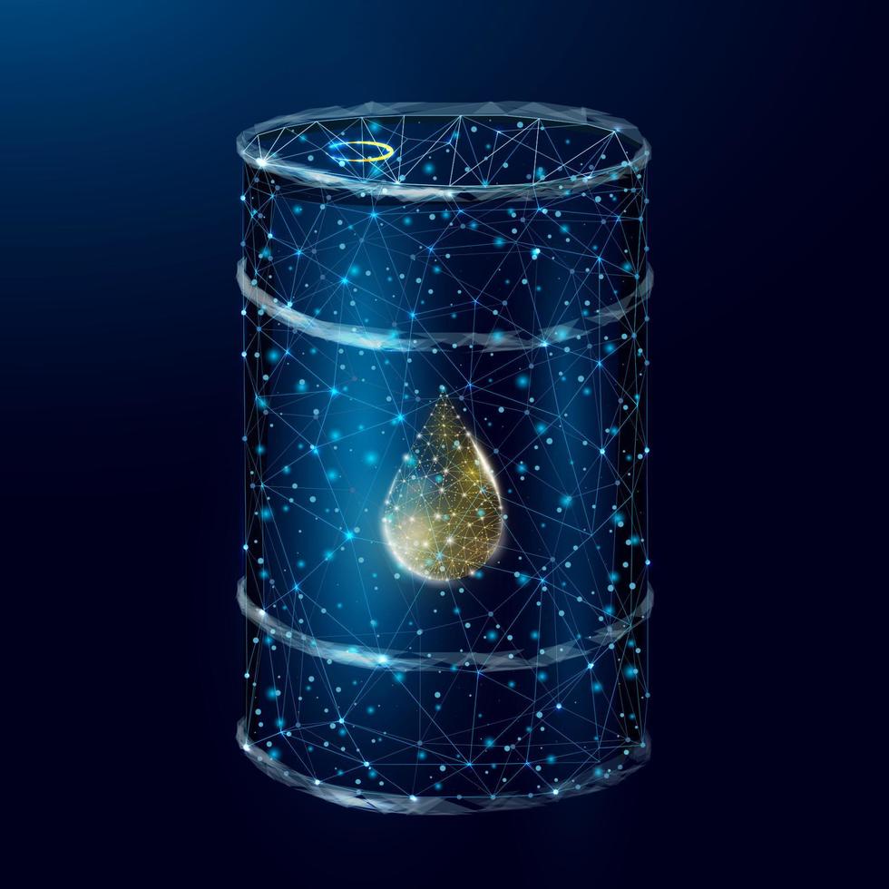 Barrel with oil. Glowing barrel of petroleum with a drop of oil. Wireframe low poly graphics. Isolated on dark blue background. Vector illustration