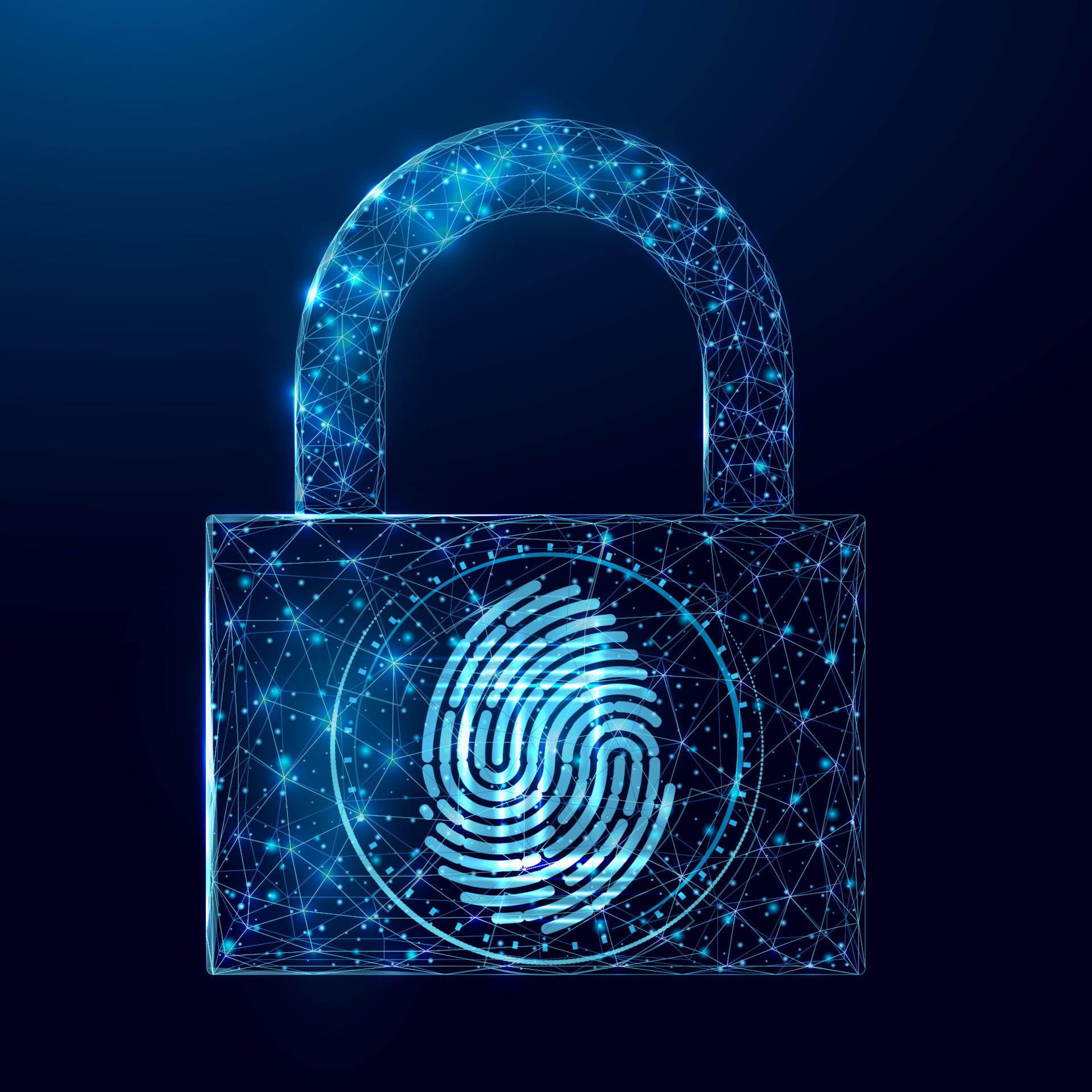 Fingerprint in padlock. Cyber security, technology identification