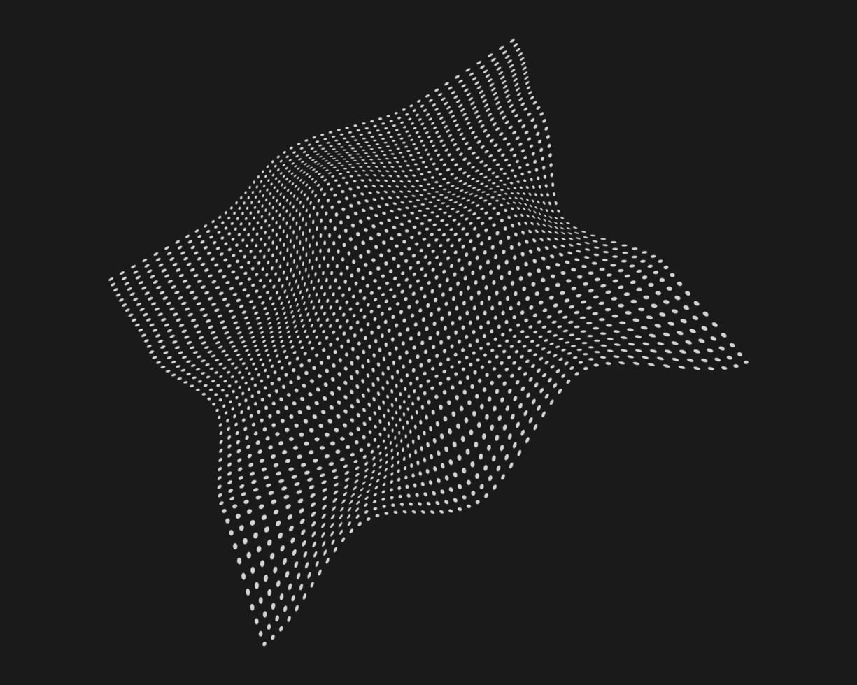 Cyber distorted grid, retro punk design element. Wireframe wave geometry grid on black background. Vector illustration