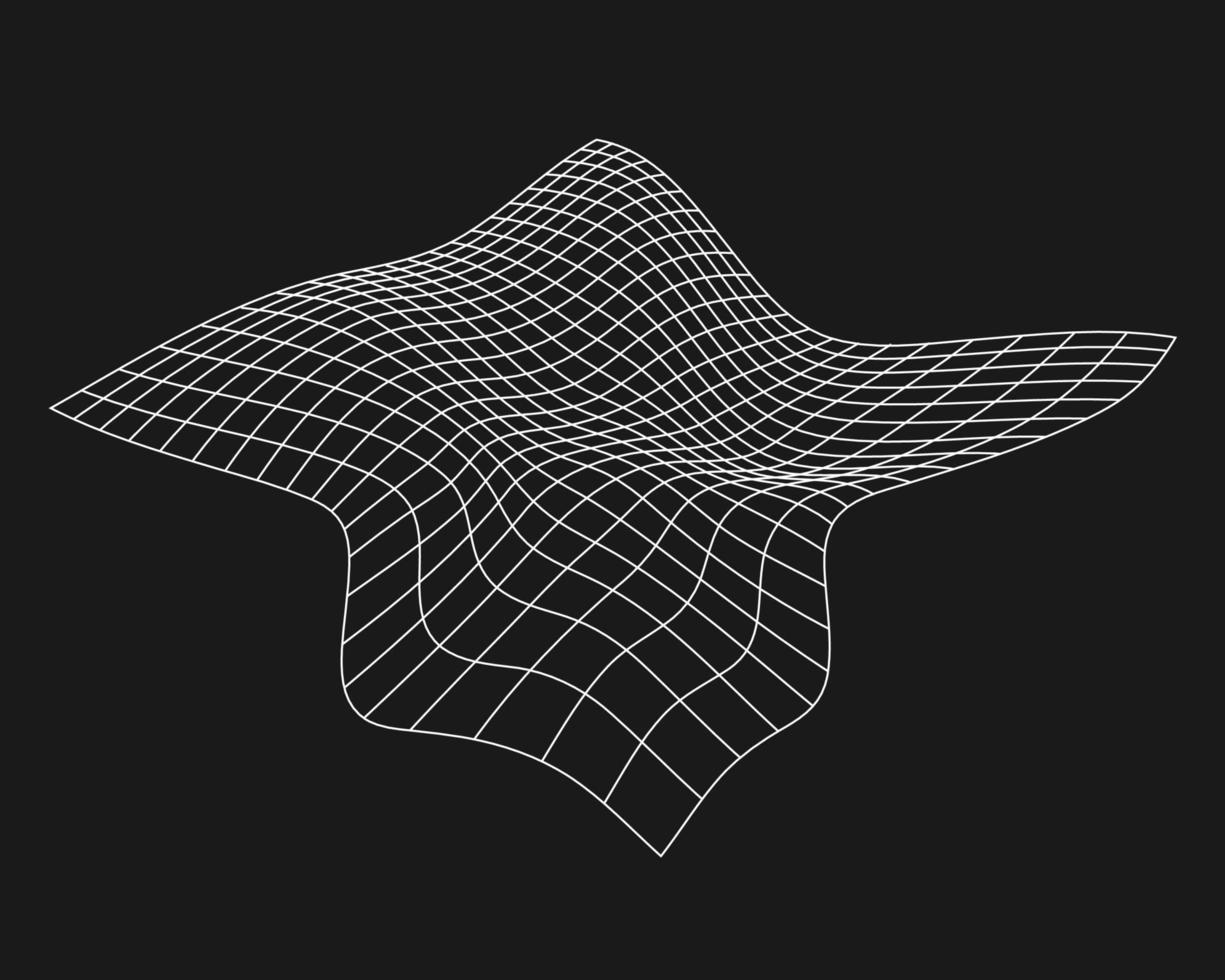 Cyber distorted grid, retro punk design element. Wireframe wave geometry grid on black background. Vector illustration