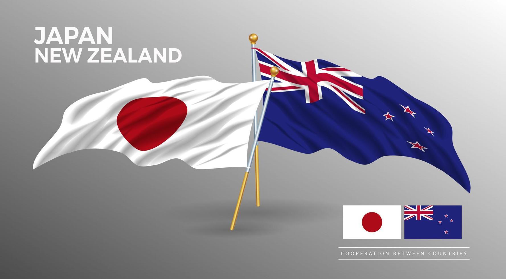 Afiche de la bandera de japón y nueva zelanda. dibujo de estilo de bandera de país realista vector