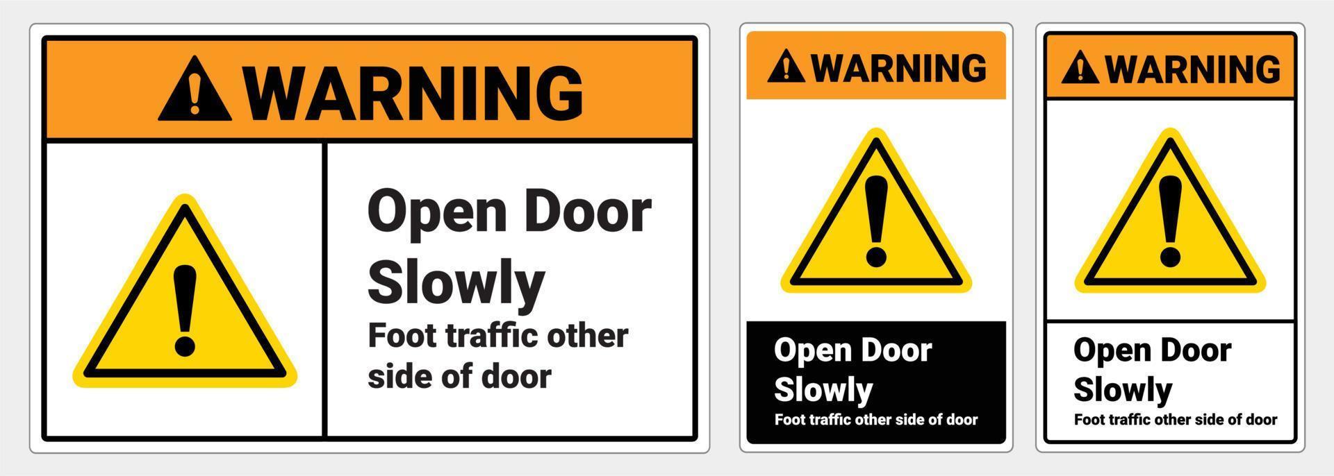 Safety sign Open door slowly, foot traffic other side of door caution.  OSHA and ANSI standard sign warning. vector