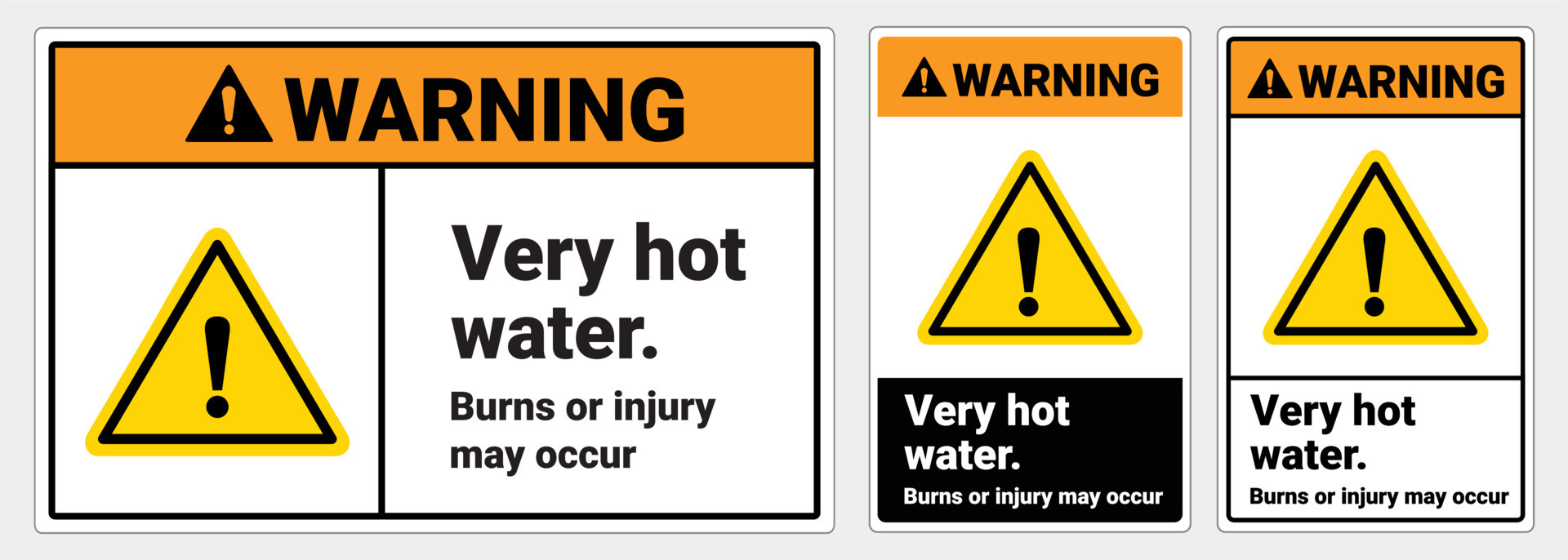 Safety sign warning Very hot water, burn or injury may occur. ANSI and