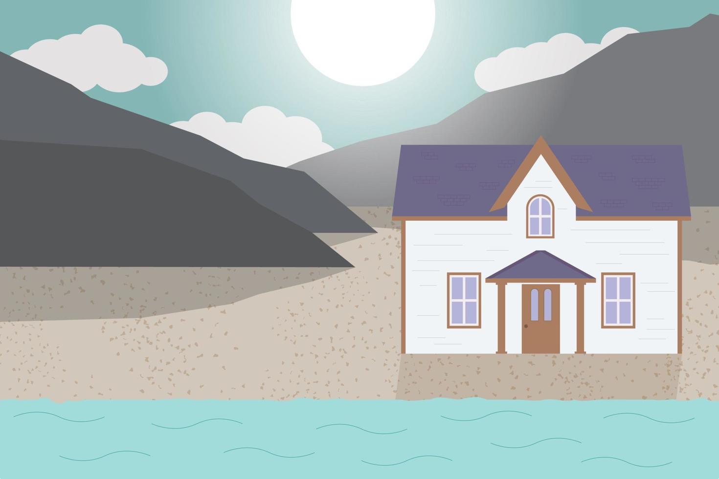 The house in white and violet in beautiful landscape. Mountains and lake. Flat illustration vector
