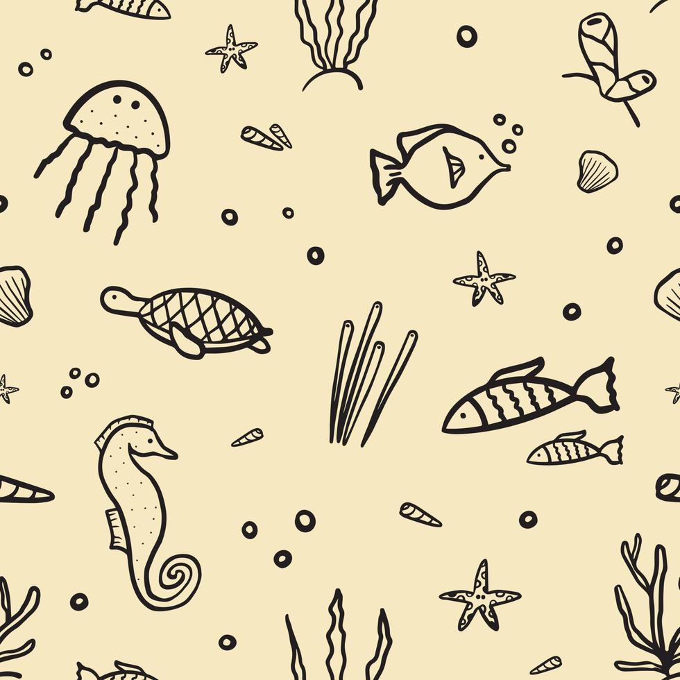 Seamless pattern about sea world, hand drawn elements, doodle, vector illustration on light yellow background. Endless ornament for print and fabric, packaging, wrapping