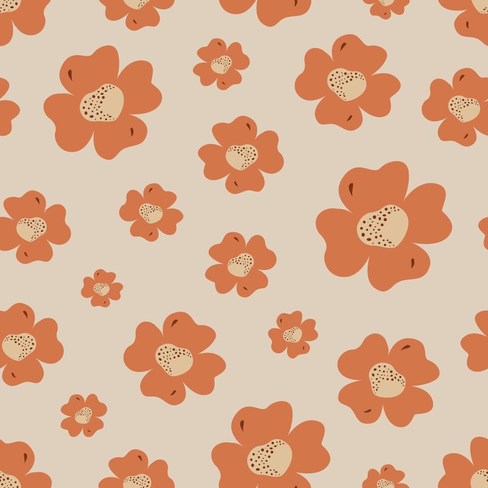 Seamless pattern with cute orange flowers flat style, vector illustration, light background. Pastel colors, decorative ornament for print or web design