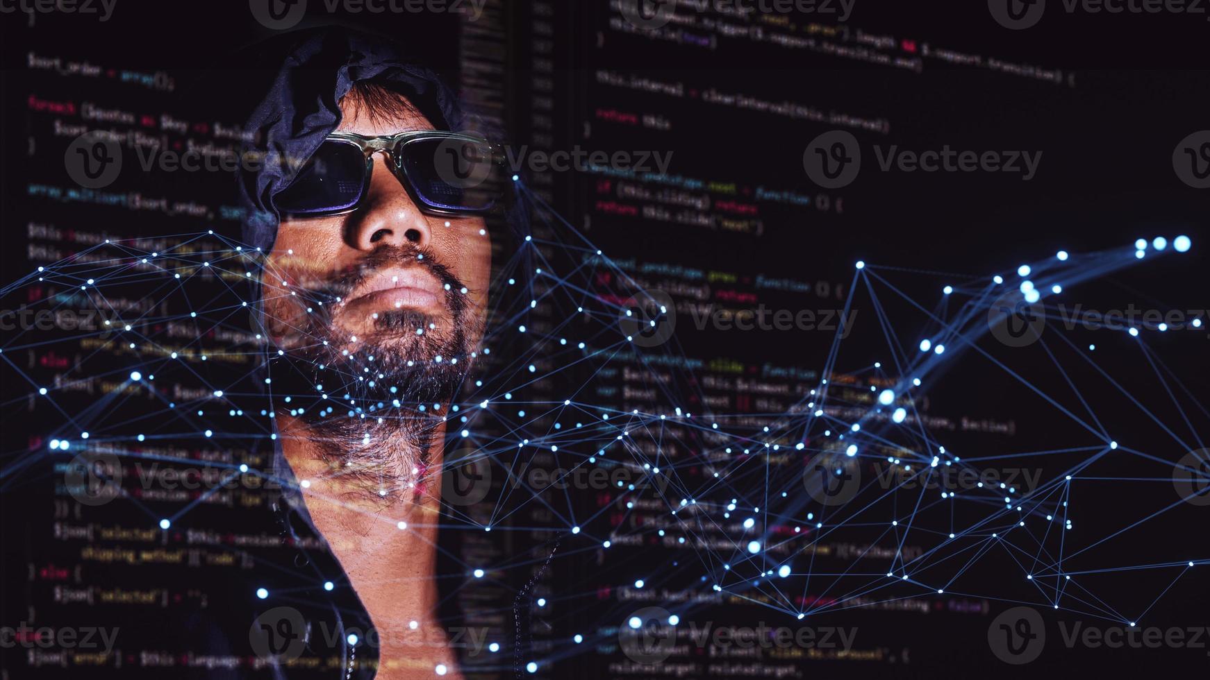 The concept of hackers and insecurity in networking. Dishonest hood man or data thieves photo