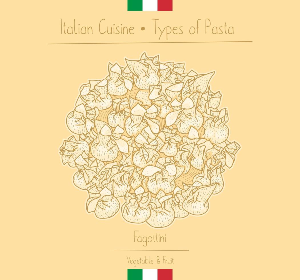 Pasta en forma de bola de comida italiana con relleno de verduras, también conocido como fagottini, dibujando ilustraciones en el estilo antiguo vector