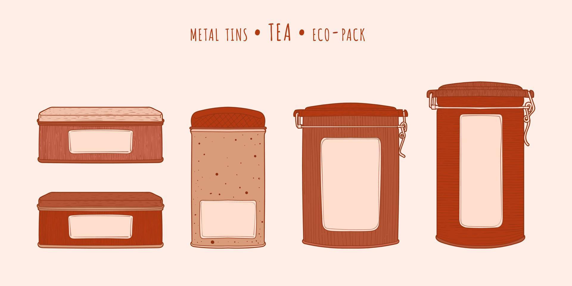 Tea vintage metal tins with clip lid in the hand-drawn technique vector