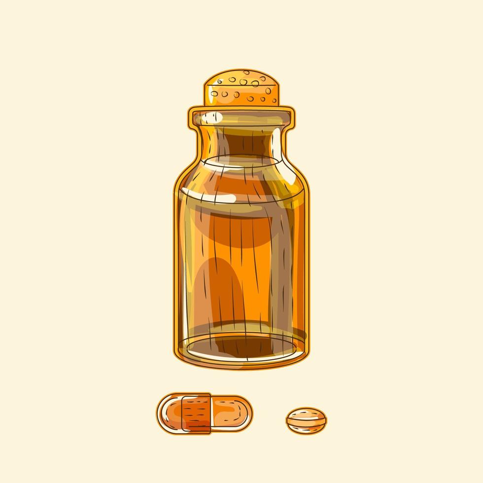 botella ancha de vidrio marrón medicinal y pastillas, boceto dibujado a mano vector