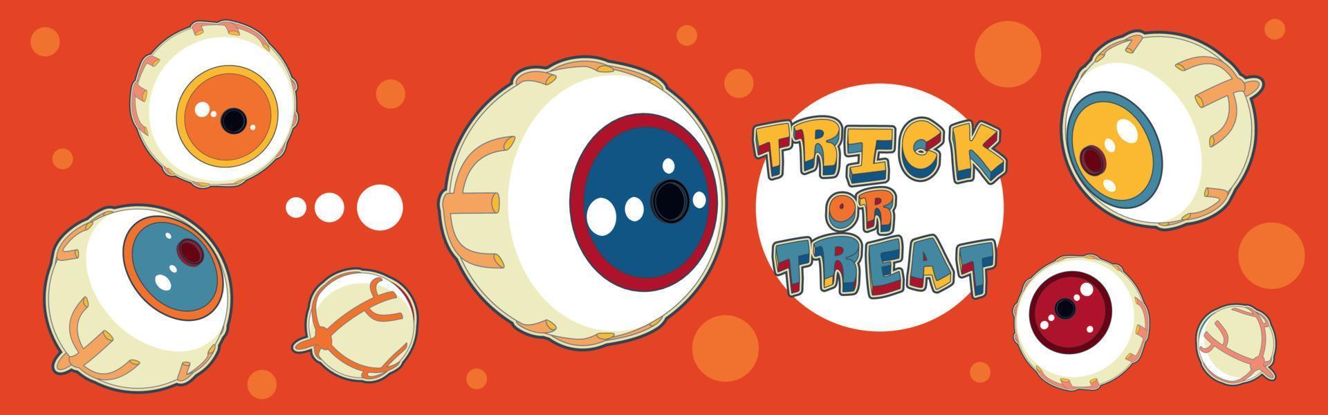 banner de saludo de la fiesta de halloween en estilo pop art, divertidos ojos de terror de dibujos animados y letras de truco o trato en un fondo naranja vector