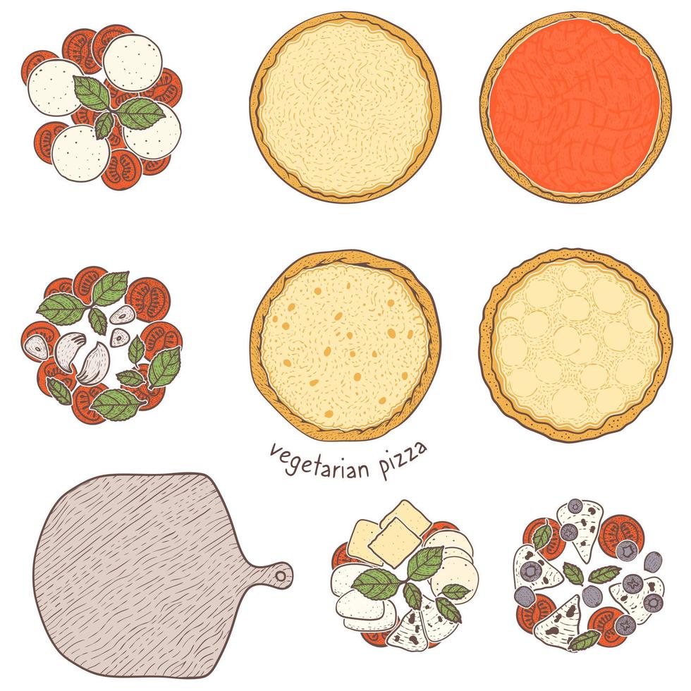 masa de pizza y verduras con cobertura vegetariana y verde y queso, ilustración de bocetos vector