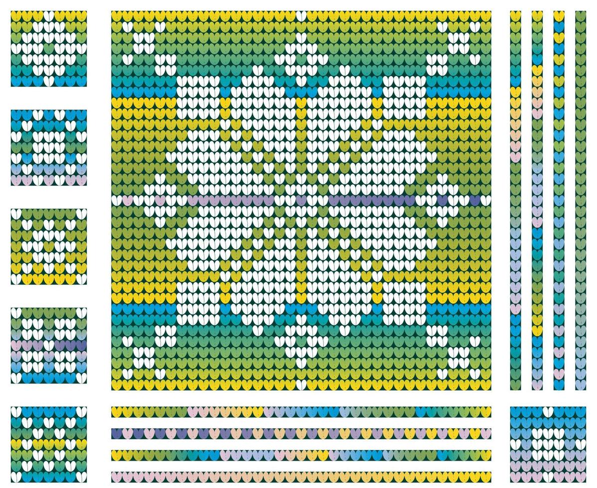 patrón de tejido de suéter navideño con copo de nieve del norte, colores degradados verde azul amarillo vector