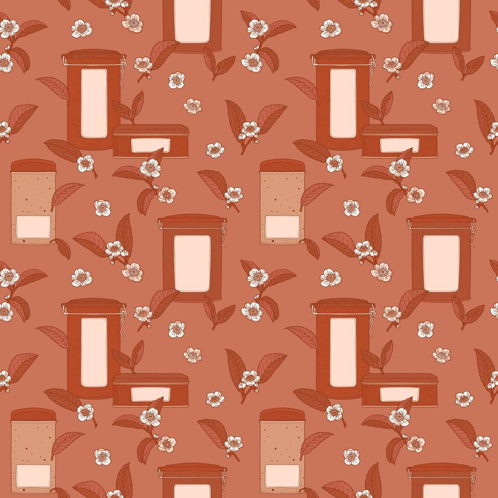 Natural seamless pattern with tea boxes and flowers, brown background vector