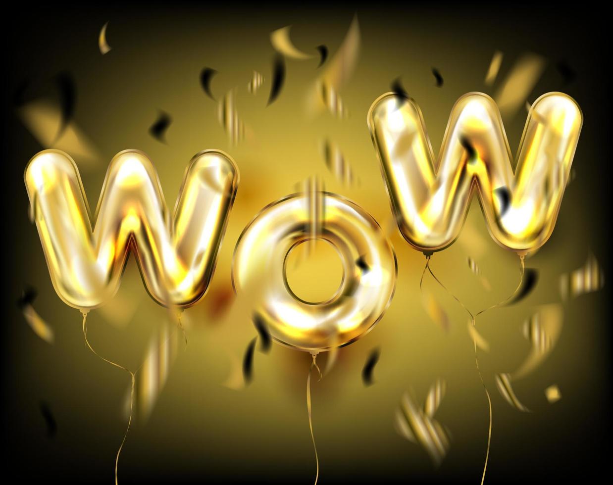 Wow lettering by foil golden balloons in black confetti vector