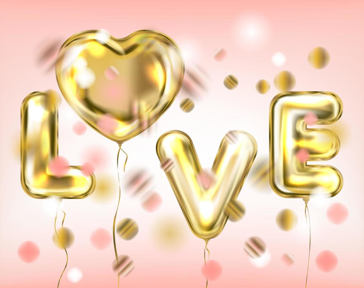 Love lettering by foil golden balloons in pink confetti vector