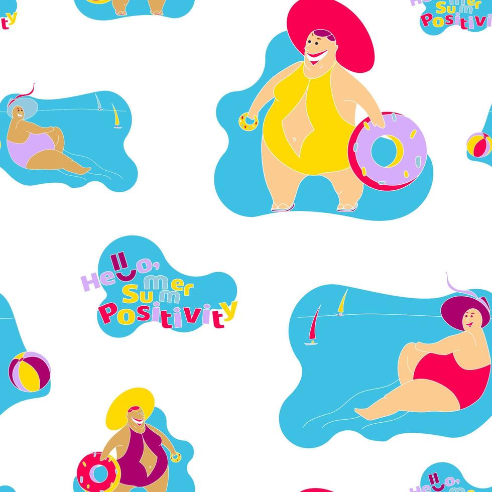 Funny Happy Fat Girl on the Summer Beach, seamless pattern vector