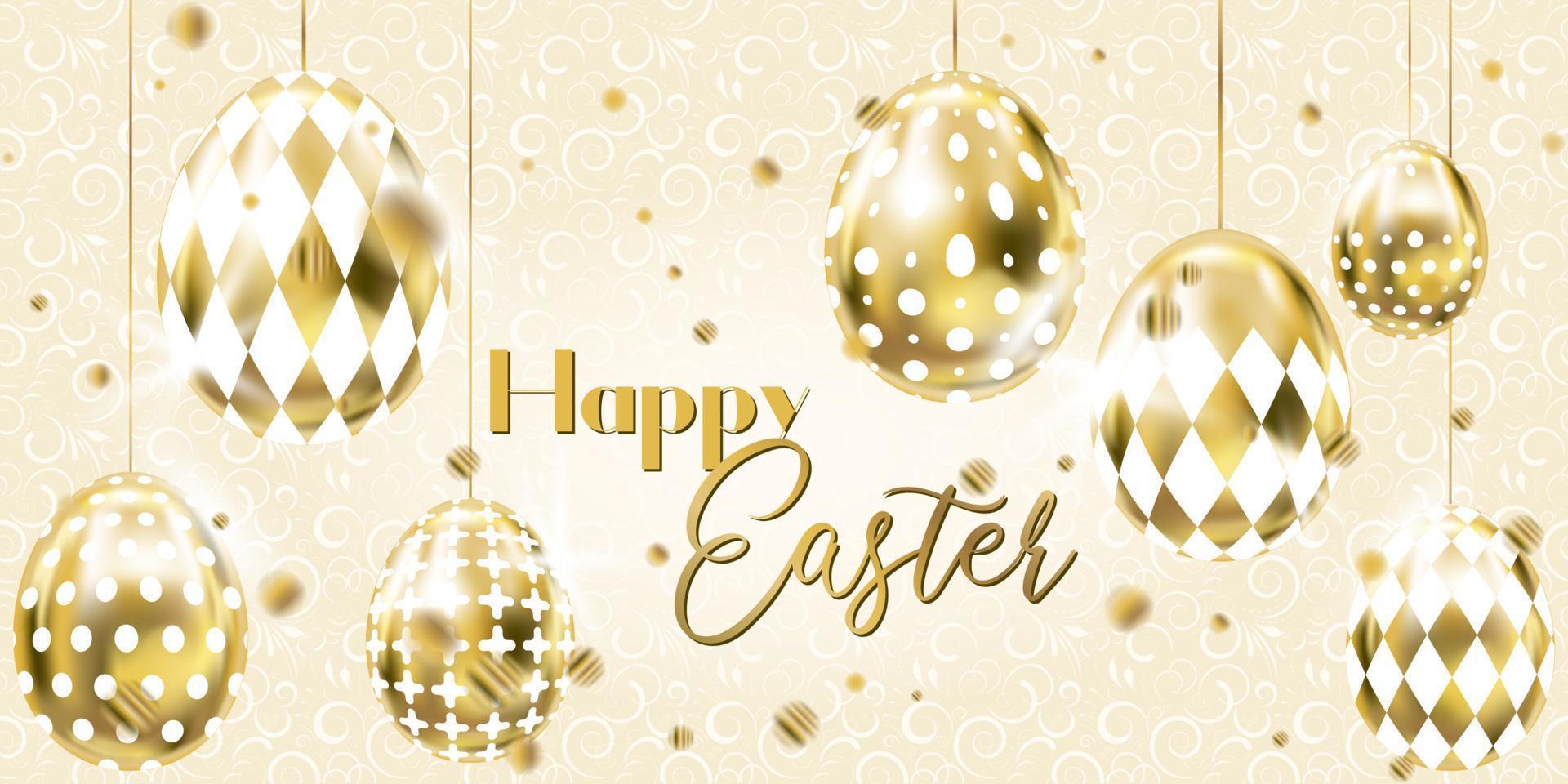 Happy Easter banner with golden eggs and dot confetti vector
