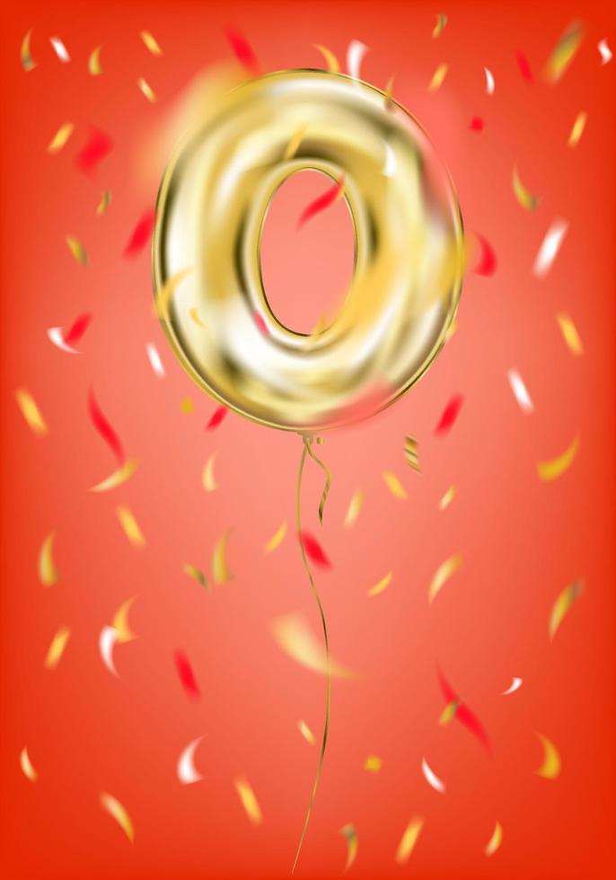 Festive gold balloon zero 0 digit and foil confetti on gala red background vector