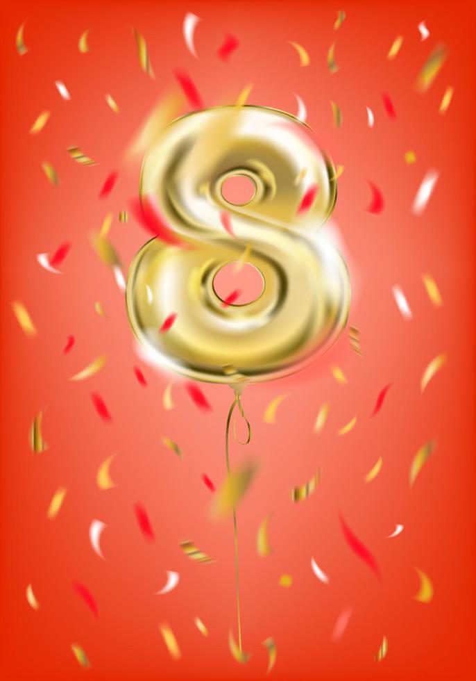 Festive gold balloon eight 8 digit and foil confetti on gala red background vector