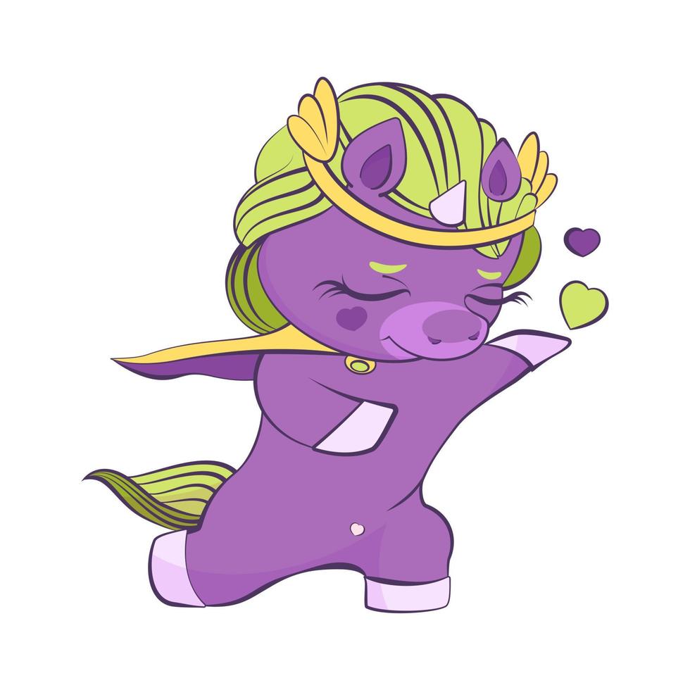 Cute little unicorn purple prince in love on one knee vector