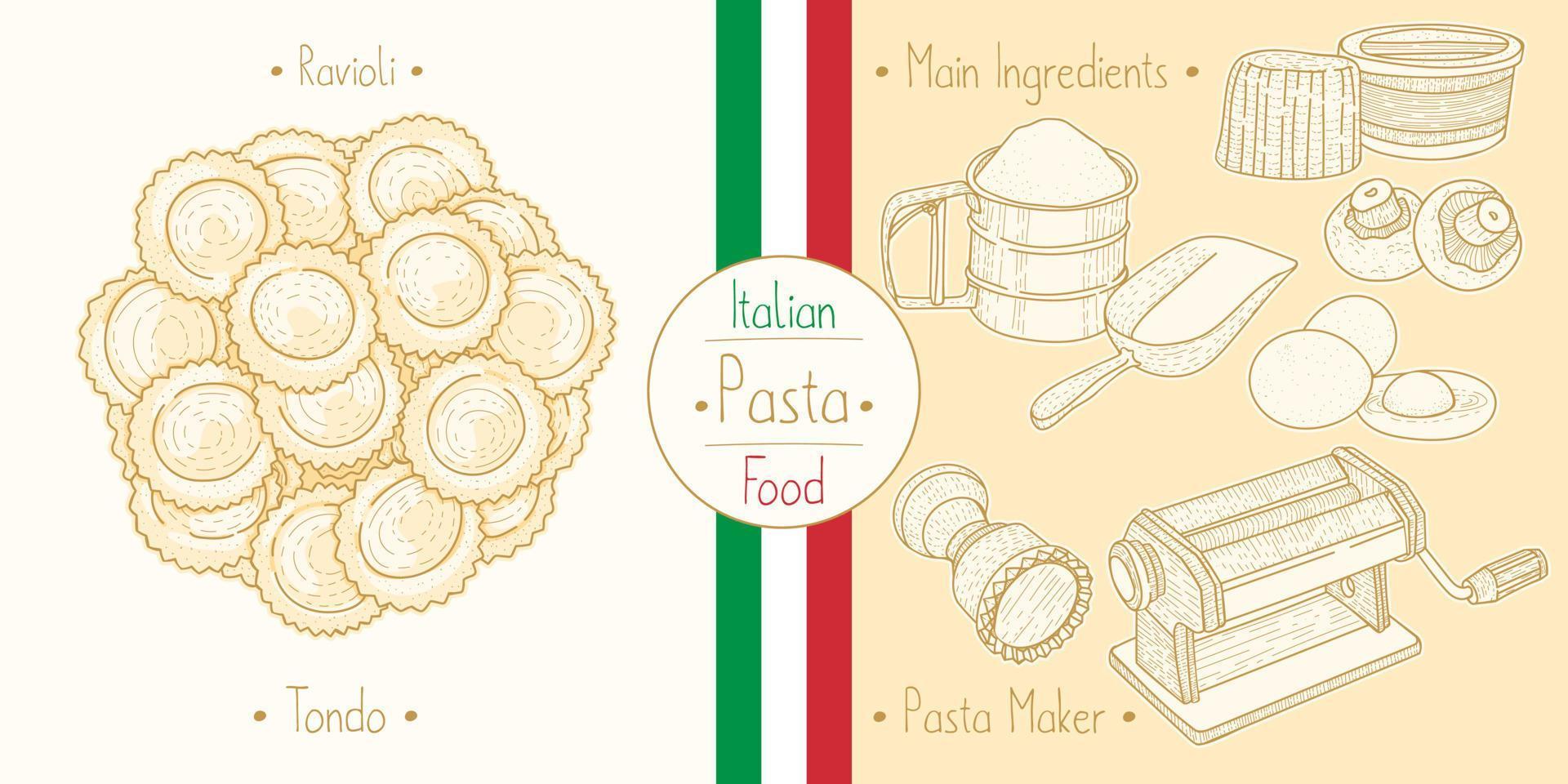 pasta de comida italiana con relleno de ravioli tondo, ilustración de bocetos en el estilo vintage vector