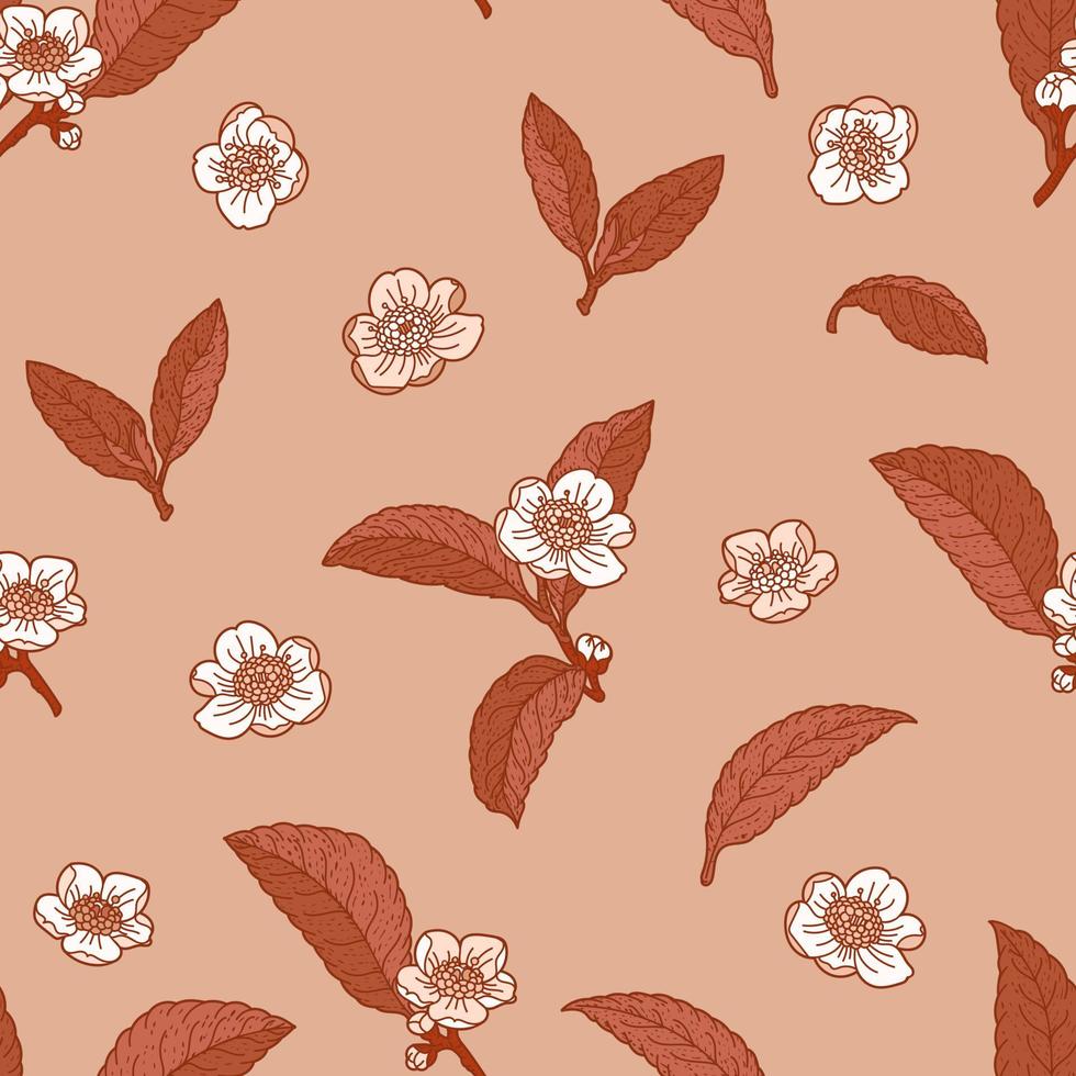 flores y hojas de té en un patrón beige sin costuras vector