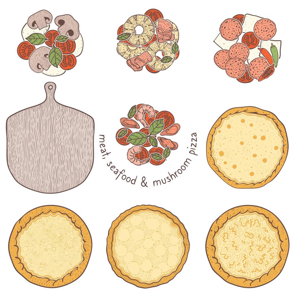 masa de pizza y relleno no vegetariano de carnes y mariscos, ilustración de bocetos vector