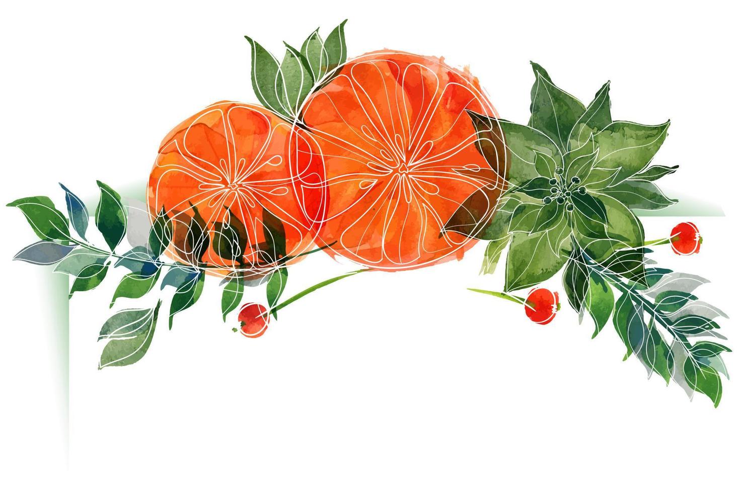 viñeta floral navideña con naranjas y poinsettia y ramas de invierno. viñeta de decoración para lindos saludos e invitaciones de navidad y año nuevo vector