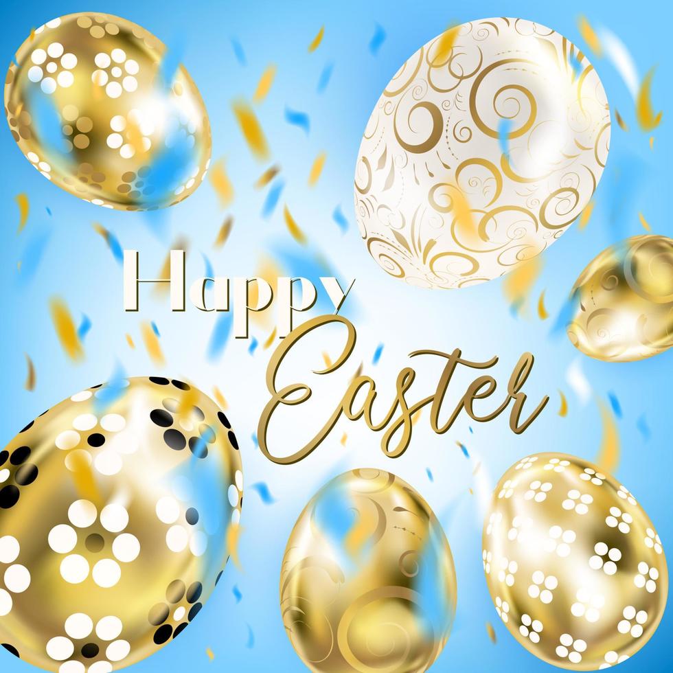 Easter porceline and golden eggs and confetti in the sky vector