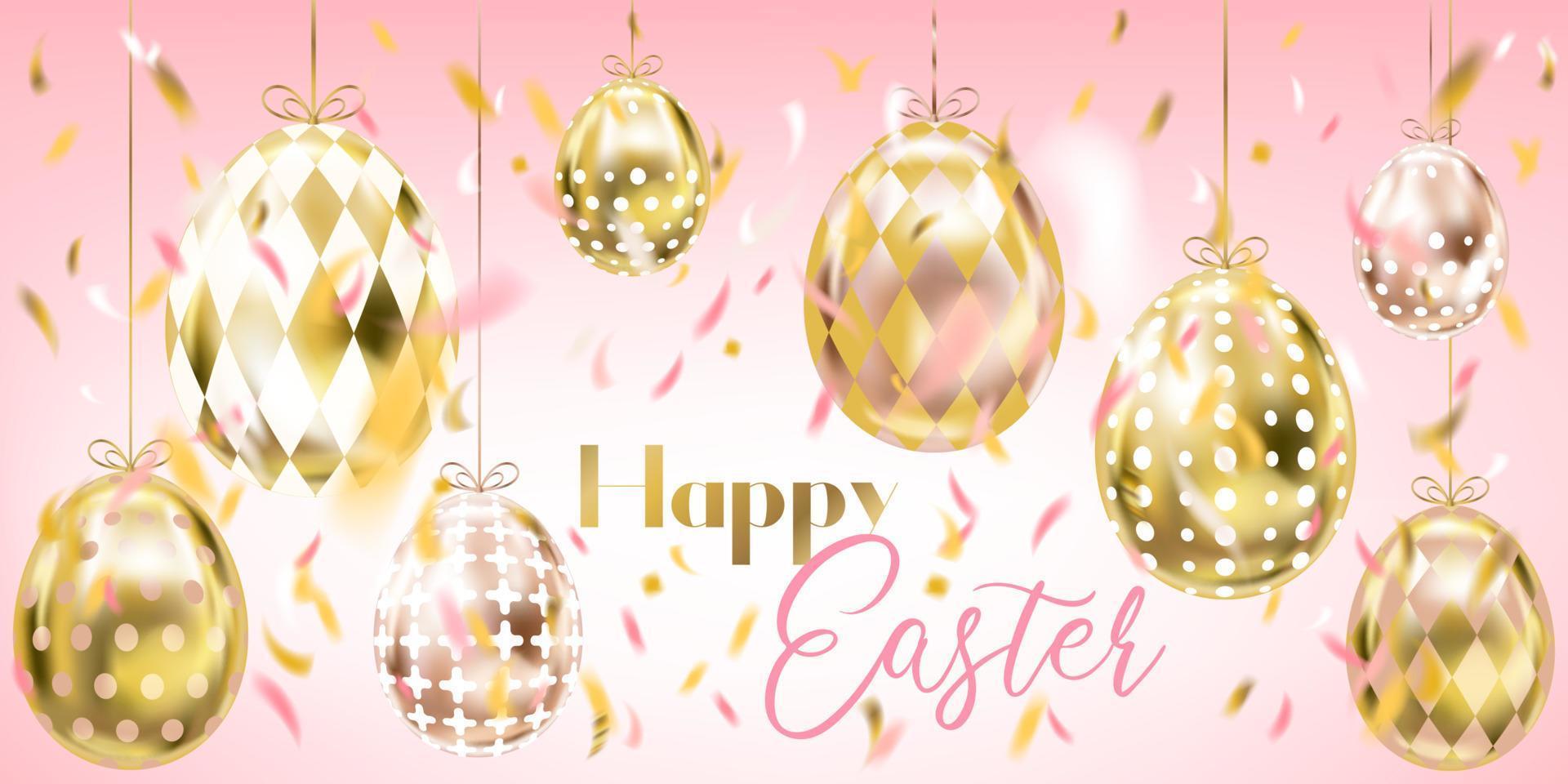 Pink Easter banner with gold eggs and confetti vector