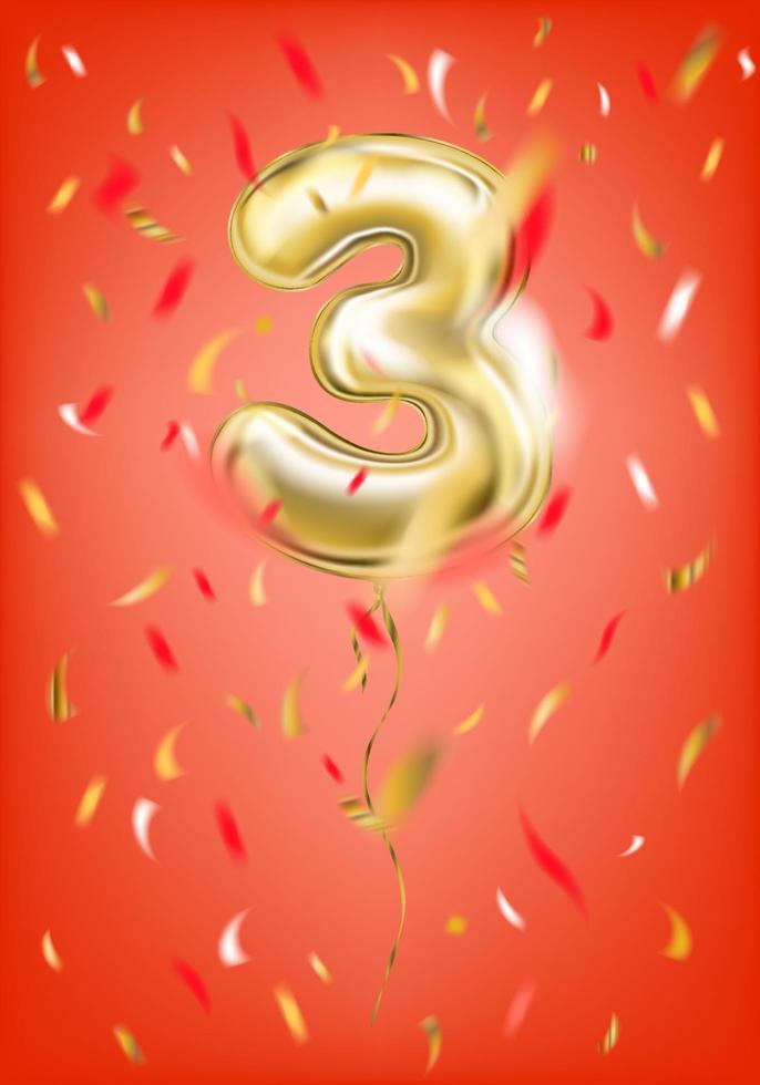 Festive gold balloon three 3 digit and foil confetti on gala red background vector
