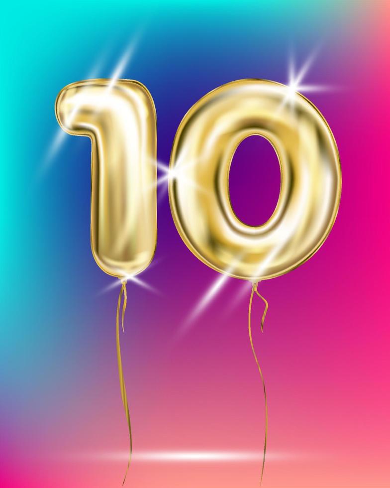 Gold foil balloon ten 10 number on disco rainbow gradient background vector