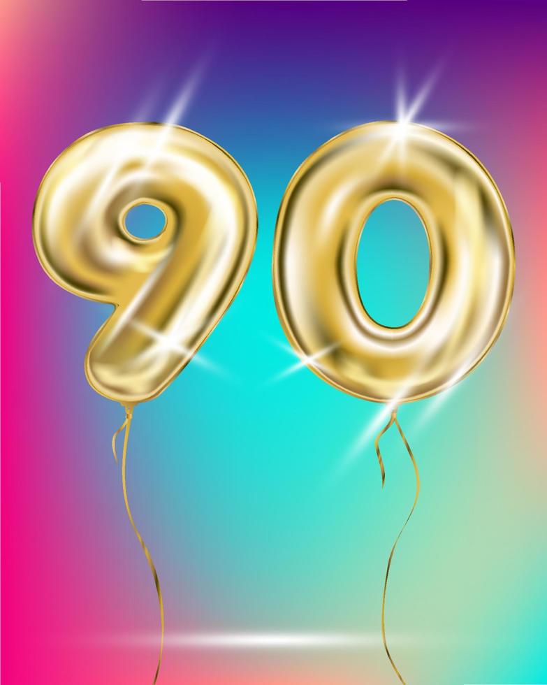 Gold foil balloon ninety number on disco rainbow gradient background vector