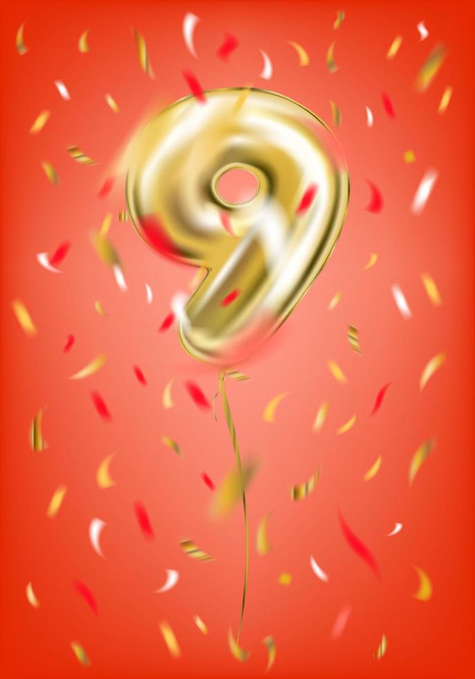 Festive gold balloon nine 9 digit and foil confetti on gala red background vector