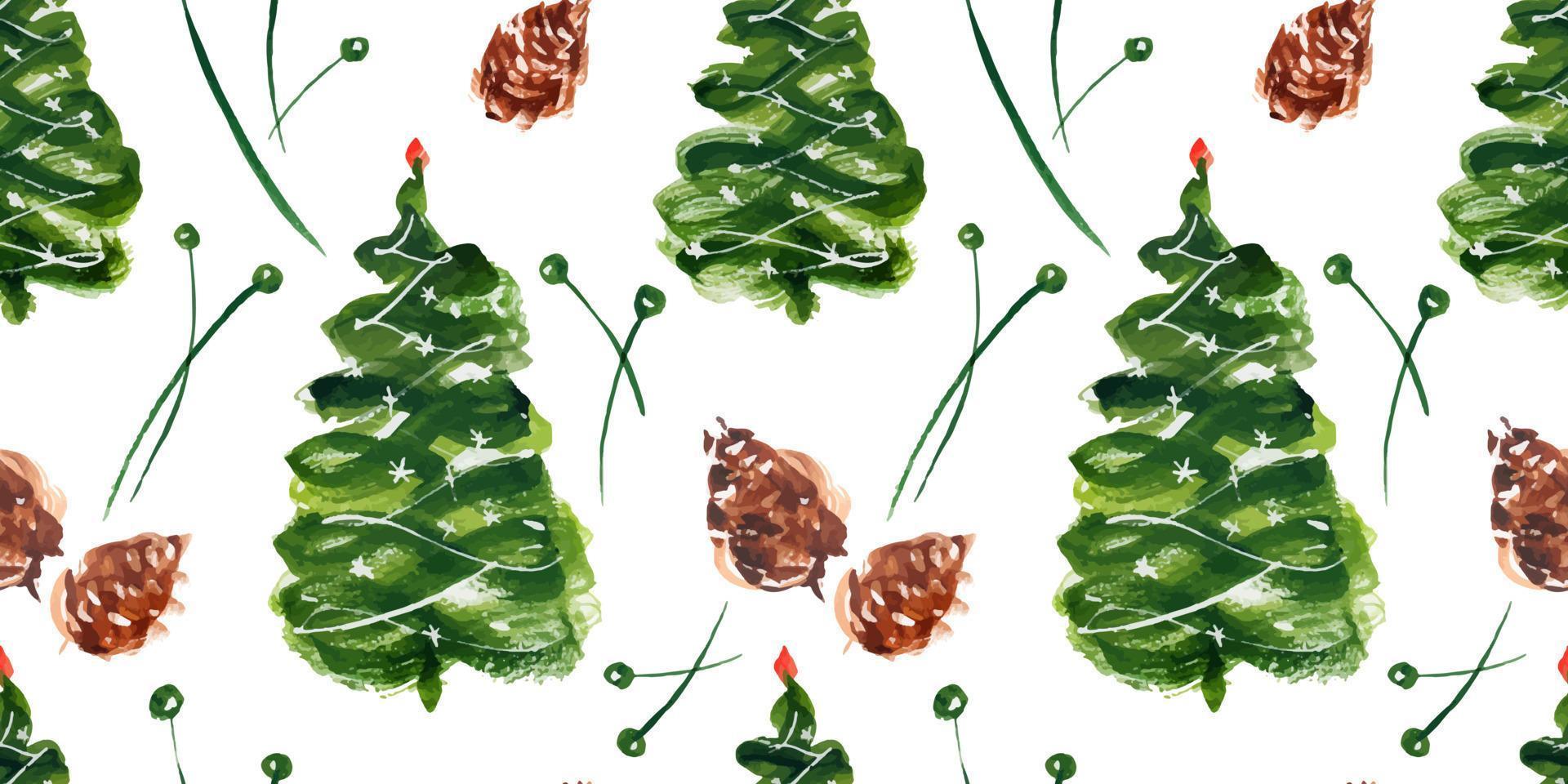 Christmas watercolor seamless pattern. Christmas tree and cones and winter berries. Tiled decor for cute Christmas and New Year greetings and invitations vector