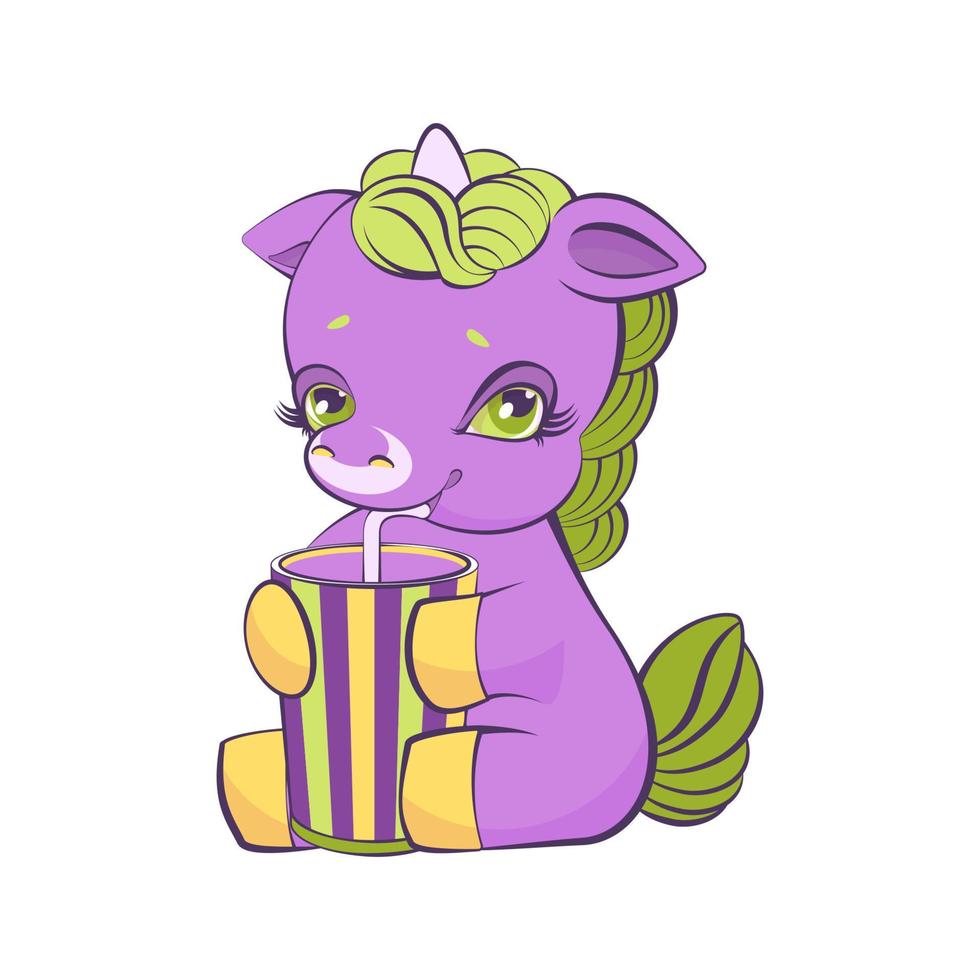 Cute little violet unicorn drinks a striped glass milkshake. vector