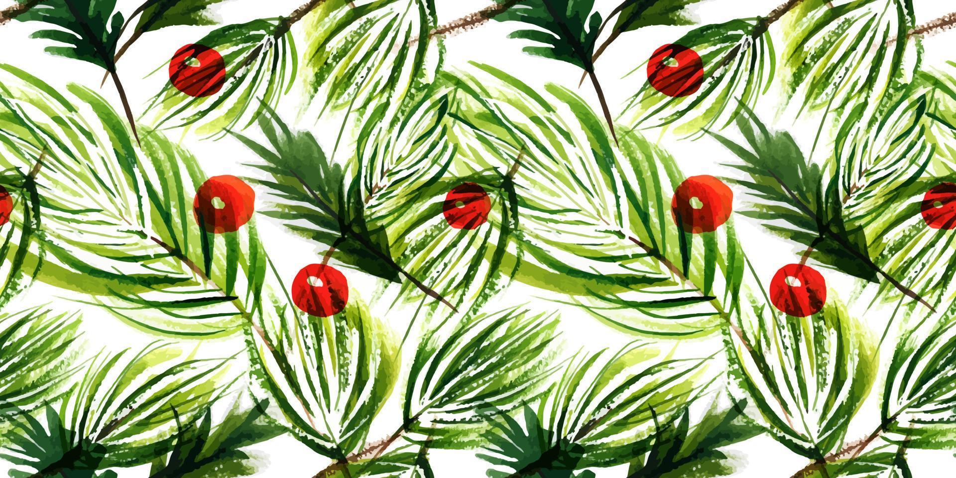Christmas floral watercolor seamless pattern. Pine branches and cones and winter red berries. Tiled decor for cute Christmas and New Year greetings and invitations vector