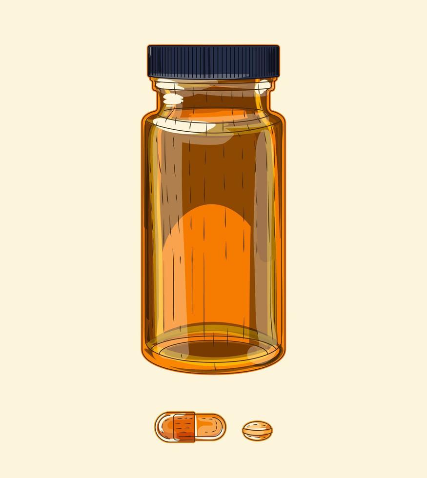 frasco de vidrio marrón medicinal y píldoras, boceto dibujado a mano vector