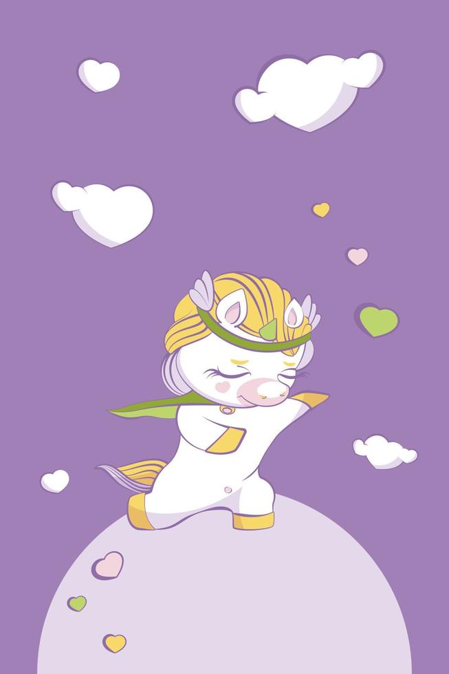 Cute little unicorn prince in love on one knee. Pink background vector
