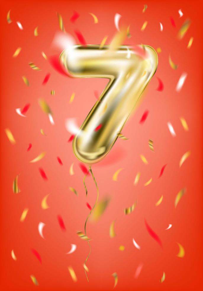 Festive gold balloon seven 7 digit and foil confetti on gala red background vector
