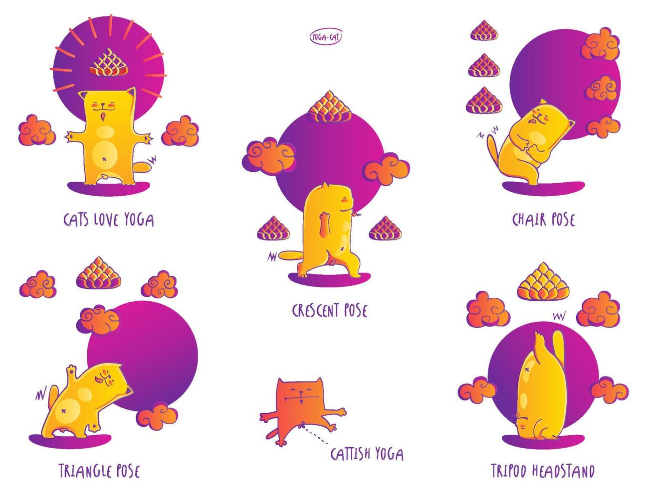 Yellow Cat get fitness, funny set of basic Yoga poses vector