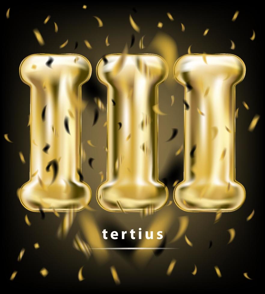 Festive rating roman digit three, gold balloon and foil confetti on the black background vector