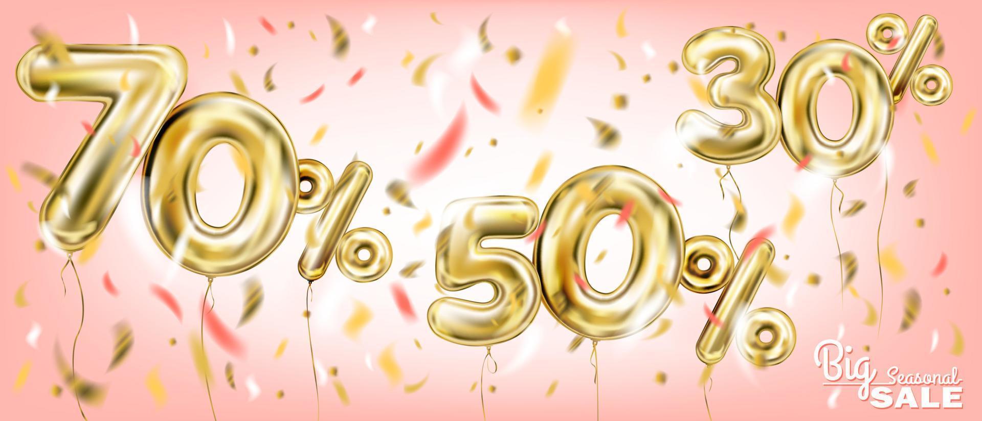 High quality vector image of gold balloon seventy fifty thirty percent. Design for seasonal sales, discounts and any events, coral pink background